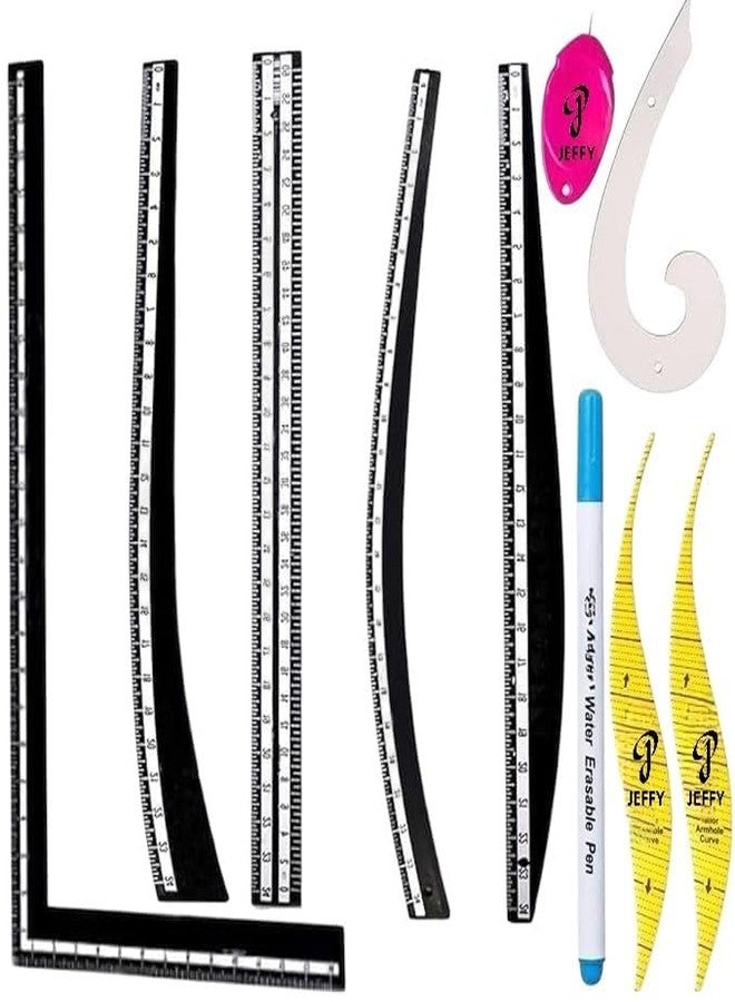 JEFFY Tailoring Ruler Set - 10-Piece Dressmaking & Sewing Tools Kit with French Curves, Measuring Tape, Thread Cutter, Marking Pen & More for Pattern Making and Garment Design - Image 1